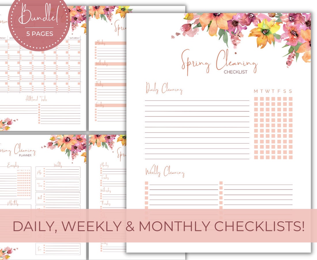 Printable Spring Cleaning Planner Bundle | 5 Pages | Fillable Calendar ...