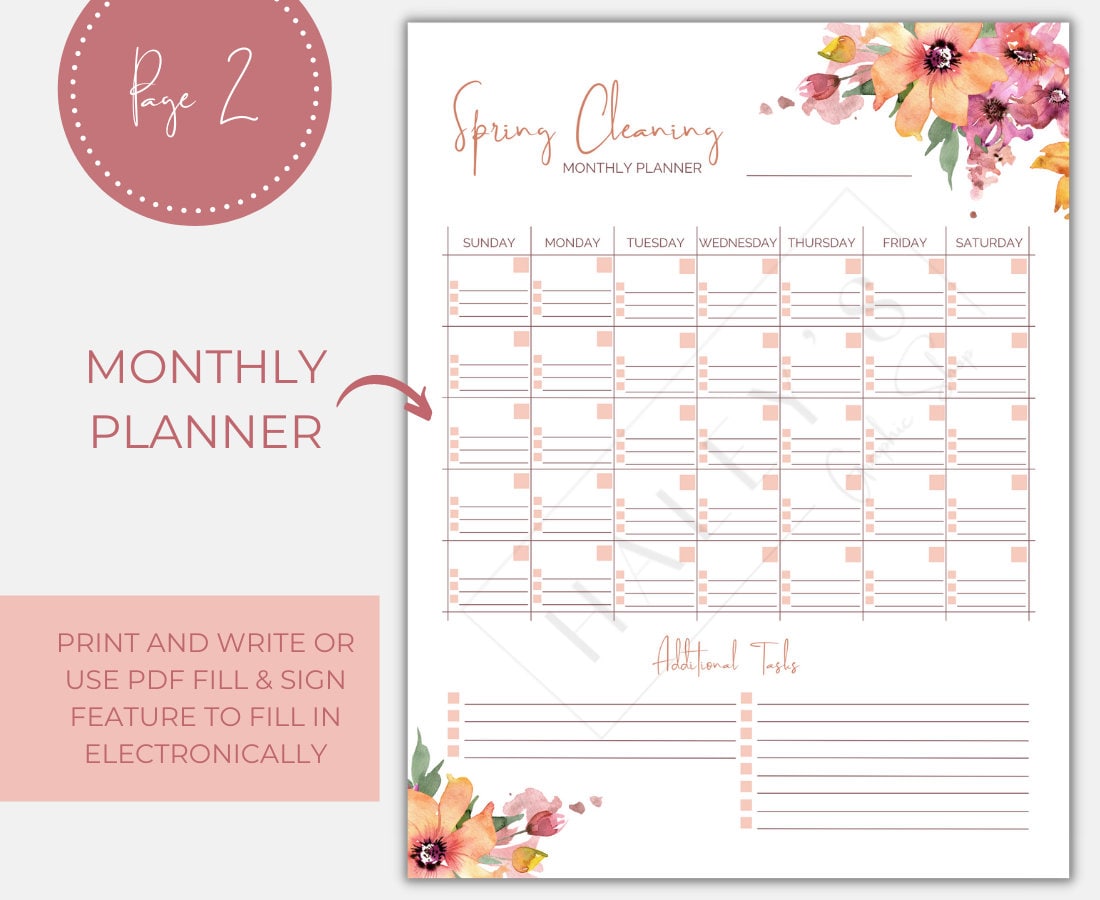 Printable Spring Cleaning Planner Bundle | 5 Pages | Fillable Calendar ...