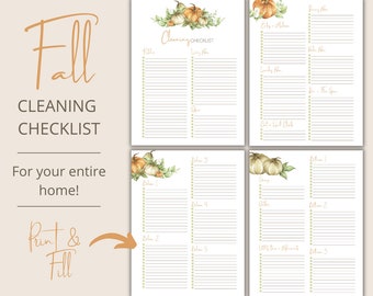 May include: A fall-themed cleaning checklist with pumpkin and leaf illustrations. The text reads "Fall Cleaning Checklist" and "For your entire home!" The checklist includes sections for various rooms and tasks, designed for print and fill.