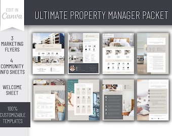 May include: A set of customizable templates for property managers. The templates include marketing flyers, community info sheets, and a welcome sheet. The templates are 100% customizable and can be edited in Canva.