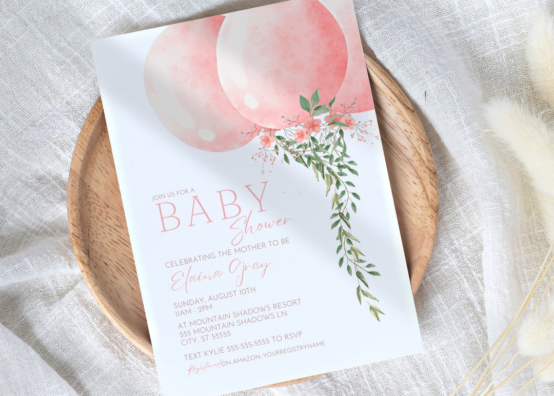 Watercolor Girl Baby Shower Invitation | Cute Pink Balloon Design | E ...