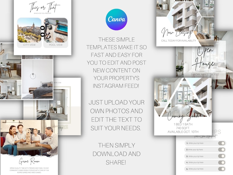 Many customizable templates to suit your property's style and needs. Just upload your own photos and plug in your community information. Great for landlords, property managers, real estate and much more!
