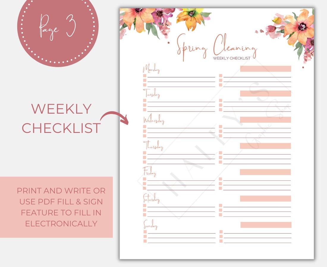 Printable Spring Cleaning Planner Bundle | 5 Pages | Fillable Calendar ...