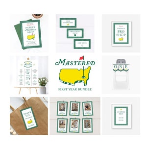 Pacote de aniversário de 1º ano Mastered, convite verde escuro, quadro de marcos, cartões de comida, cartões de marcos fotográficos, banner para cadeira alta, loja profissional