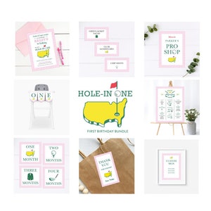 Pacote rosa de aniversário Hole in One, convite xadrez rosa, quadro de marcos, cartões de comida, cartões de marcos, faixa de cadeira alta, placa de loja profissional