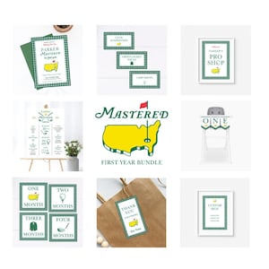 Pacchetto Mastered 1° anno di compleanno, invito a quadretti verde scuro, bacheca milestone, biglietti di cibo, biglietti milestone, striscione per seggiolone, cartello Pro Shop