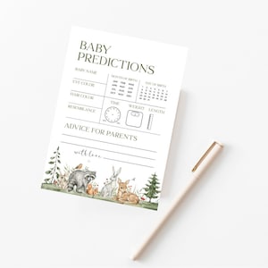 Bossen baby shower voorspellingen kaart, advies kaart, baby shower spel, bosdieren, bosgroen, bosdieren, genderneutraal