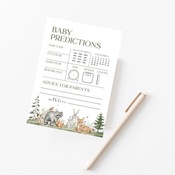 Woodlands Baby Shower Predictions Card, Advice Card, Baby Shower Game, Woodland Animals, Woodland Greenery, Forest Animals, Gender Neutral