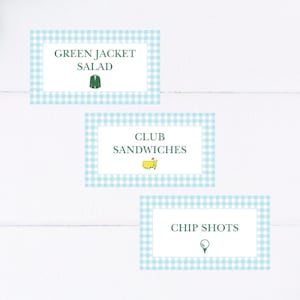 Cartão de buffet de golfe Blue Gingham, cartão de lugar para barraca de comida, masterizado no primeiro ano, aniversário de golfe, vamos par-Tee, Hole in One, modelo, editável