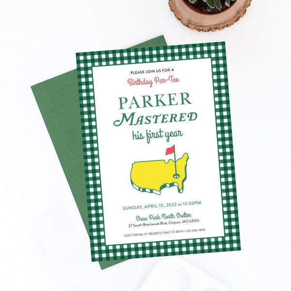 Masters Party Birthday Invitation, Dark Green, First Birthday, Golf, Mastered First Year, Let's Par-Tee, Hole In One, Kid Birthday, Template