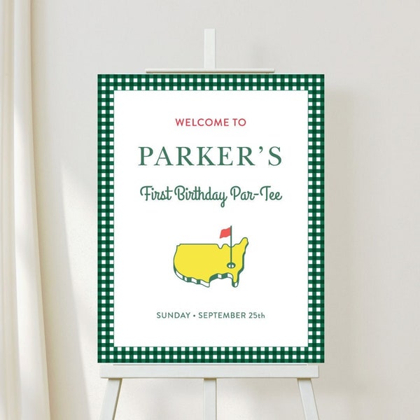 Masters Party Birthday Welcome Sign, Dark Green Gingham, First Birthday, Golf, Mastered First Year, Let's Par-Tee, Hole In One, Kid Birthday