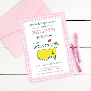 Hole in One Geburtstagseinladung, rosa Gingham, erster Geburtstag, Golf, gemeistert erstes Jahr, Let&#39;s Par-Tee, Hole in One, Kindergeburtstag, Vorlage