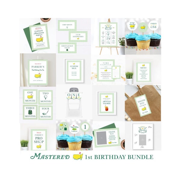 Mastered 1st Year Birthday Bundle + Extras, Green Gingham Bundle, 15+ Files, Multiple Sizes, Masters, First Birthday, Hole in One, Party