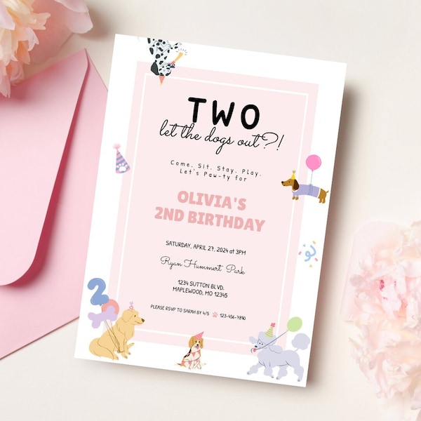 Two Let The Dogs Out Invitation, Second Birthday, Let's Paw-ty, Dog Invite, Puppy, 2nd Birthday, Toddler Birthday, Template