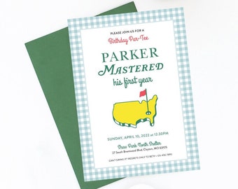 Masters Party Birthday Invitation, First Birthday, Blue Gingham, Golf, Mastered First Year, Let's Par-Tee, Hole In One, Kids Birthday