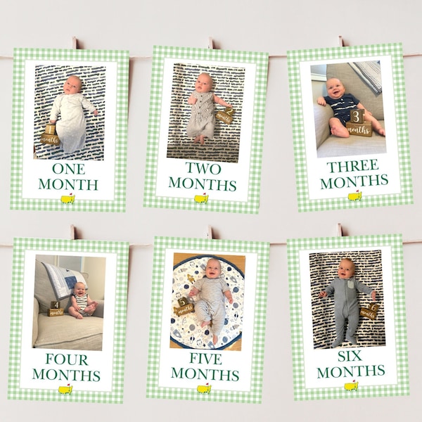 Golf Monthly Milestone Cards with Photo, Green Gingham, Photo Banner, Mastered First Year, Golf Birthday, Let's Par-Tee, Hole in One