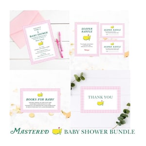 Paquete básico para baby shower de Masters, paquete de cuadros vichy rosas, invitación, libros para bebé, sorteo de pañales, agradecimiento, descarga digital, editable