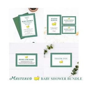 Paquete básico para baby shower de Masters, paquete de cuadros vichy verde oscuro, invitación, libros para bebé, sorteo de pañales, agradecimiento, descarga digital, editable