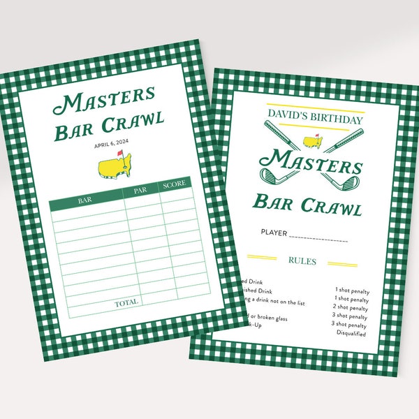 Masters Bar Crawl Invitation, Bar Golf, Pub Crawl, Birthday Bar Crawl, Let's Par-Tee, Template, Editable, Digital Download
