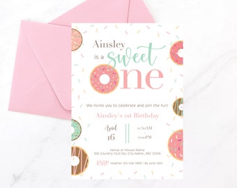 Sweet One Birthday Invitation, First Birthday, Party Invite, Sprinkles, Donuts, Girl Birthday, Toddler Birthday, Template