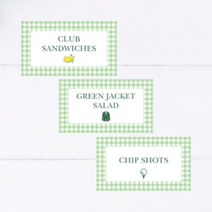 Karta bufetowa Green Gingham Golf, Karta miejsca w namiocie z jedzeniem, Pierwszy rok opanowania golfa, Urodziny golfa, Let's Par-Tee, Hole in One, Szablon, Edytowalny