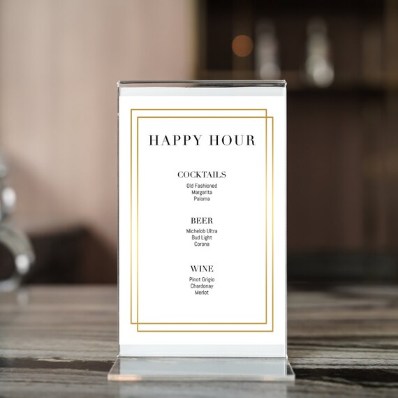 Happy Hour Menu Sign, The Bar Sign, Drink Menu, Art Deco, Gold, Table Sign, Menu, 5x7, 4x6, Template, Editable