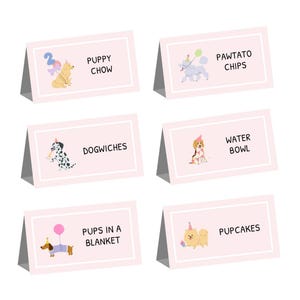 Tarjetas de comida para fiesta de perros, rosa, tarjeta de buffet, tarjeta con nombre, dos perros salen, vamos a jugar con las patas, fiesta de cachorros, tarjeta de carpa, cumpleaños de niño pequeño, plantilla