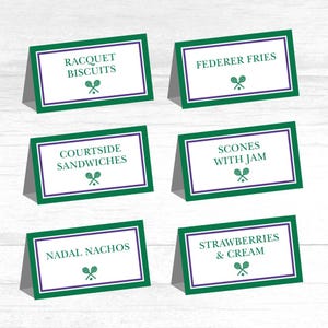 Tarjetas de comida con temática de Wimbledon, cumpleaños de WimbledONE, bufé, tarjetas de nombre, tarjetas de lugar, etiquetas, fiesta de tenis, primer año destacado, plantilla editable
