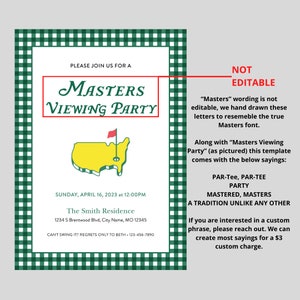 Masters Viewing Party Invitation, Golf Party, The Masters, Watch Party, Let's Par-Tee, Template, Editable, Digital Download image 3