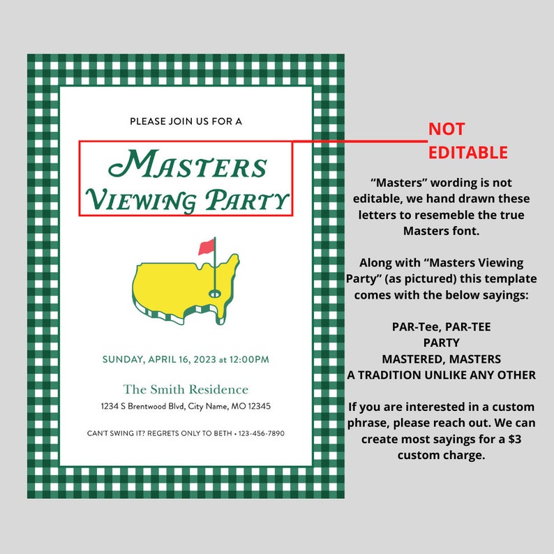 Masters Viewing Party Invitation, Golf Party, The Masters, Watch Party, Let's Par-Tee, Template, Editable, Digital Download image 3