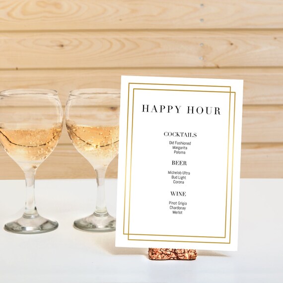 Happy Hour Menu Sign, The Bar Sign, Drink Menu, Art Deco, Gold, Table Sign, Menu, 5x7, 4x6, Template, Editable