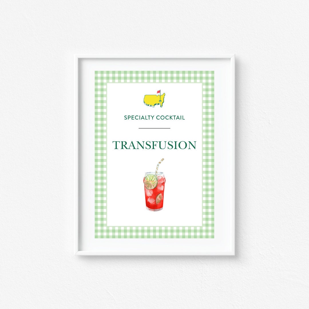 Transfusion Cocktail Sign Masters Specialty Drink Sign, Transfusion Cocktail, Green Gingham ...