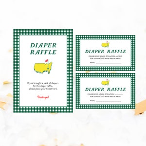 Tarjeta de rifa de pañales Masters y letrero de mesa, inserto de invitación de baby shower, letrero de ducha, golf, The Masters, Gingham, boleto de pañal, plantilla