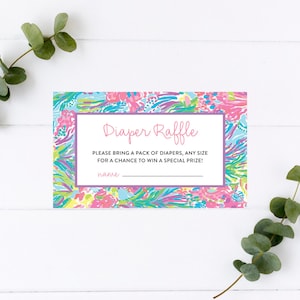 Adrette rosa Windel-Verlosungskarte, Babyparty-Einladungseinsatz, tropische Dusche, Koralle, Baby-Mädchen, Windelticket, Windelverlosung, Vorlage