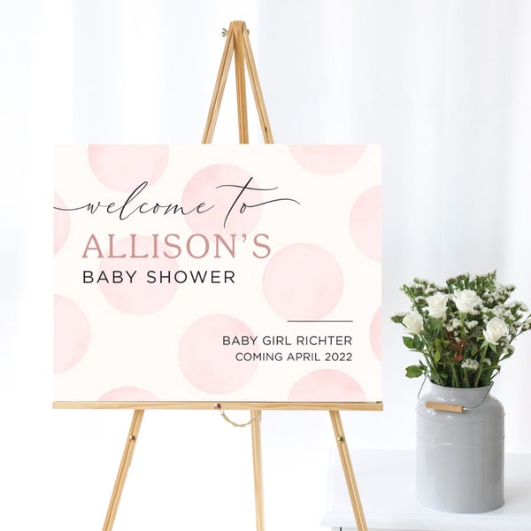 Pink Polka Dot Baby Shower Welcome Sign, Baby Girl, Baby Pink, Light Pink, Polka Dots, Template, Instant Download