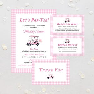 Paquete de baby shower Let's Par-Tee, invitación, agradecimiento, libros para bebé, sorteo de pañales, baby shower de golf, niña, cuadros vichy rosas, plantilla