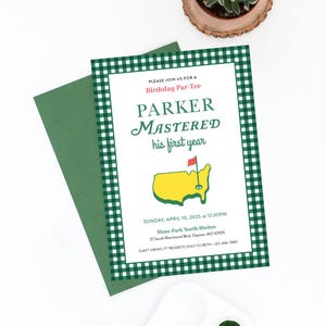 Faire-part d'anniversaire pour Masters de golf, Vert foncé, premier anniversaire, Maîtrise des premières années, Coup de départ, Trou d'un coup, Anniversaire d'enfant, Gabarit
