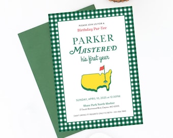 Golf Birthday Invitation, Dark Green, First Birthday Party, Mastered First Year, Let&#39;s Par-Tee, Hole In One, Editable Template
