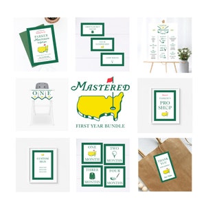 Lot anniversaire 1re année, carte d'invitation avec bordure verte unie, tableau des jalons, cartes de nourriture, cartes d'étape importante, bannière de chaise haute, enseigne de boutique professionnelle