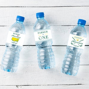 Etiquetas de botellas de agua, cumpleaños de golf, guingán azul, primer año dominado, etiqueta de agua, primer cumpleaños, vamos a par-tee, hoyo en uno, plantilla