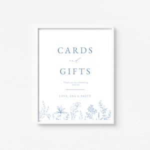 Dusty Blue Floral Cards and Gifts Sign, Present Table Sign, Cards + Gifts, Table Sign, Wedding, Bridal Shower, Minimal, Template, 8x10, 5x7