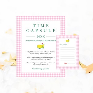 Masters Time Capsule, Modèle de signe et de carte, Vichy rose, Premier anniversaire de golf, Première année maîtrisée, Let's Par-Tee, Hole in One