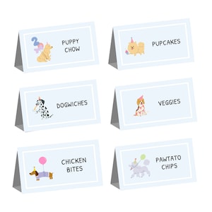 Hondenfeest Voedselkaarten, blauw, buffetkaart, naamkaart, Two Let the Dogs Out, Let's Paw-ty, puppyfeestje, tentkaart, verjaardag peuter, sjabloon