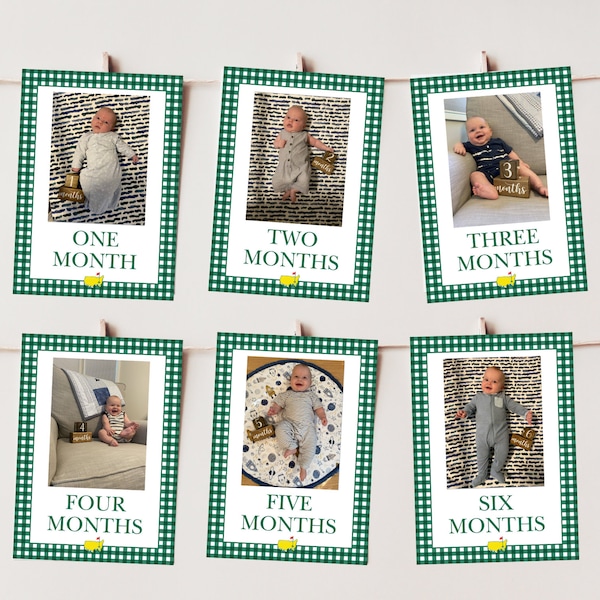 Golf Monthly Milestone Cards with Photo, Dark Green Gingham, Photo Banner, Mastered First Year, Golf Birthday, Let's Par-Tee, Hole in One