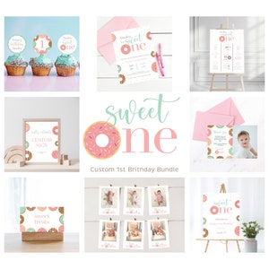 Paquete de primer cumpleaños para un dulce, invitación, letreros personalizados, tablero/tarjetas de hitos, bienvenida, agradecimiento, adornos, tarjetas de comida/nombre, editables