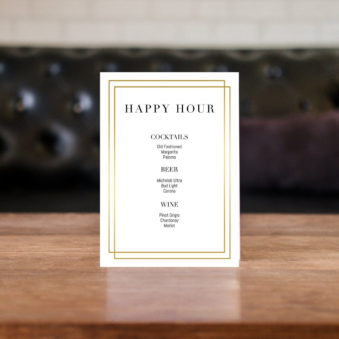 Happy Hour Menu Sign, The Bar Sign, Drink Menu, Art Deco, Gold, Table Sign, Menu, 5x7, 4x6, Template, Editable