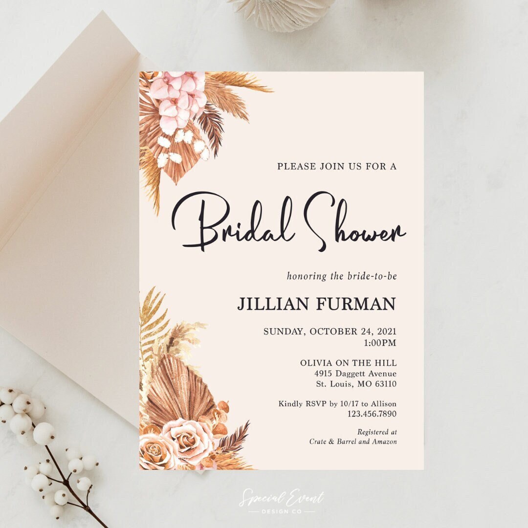 Boho Bridal Shower Invitation Template Editable Engaged Wedding Shower Pampas Grass Bohemian Instant Download