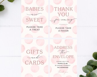 Pink Polka Dot Baby Shower Table Sign Bundle, 4 Sign Bundle, Baby Girl, Signs Bundle, Baby Pink, Polka Dots, Template, Editable