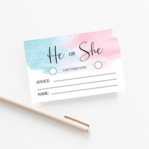 Carte de vote de révélation de genre, aquarelle rose et bleue, il ou elle, garçon ou fille, vote de genre, devinez le sexe, douche de bébé, modèle