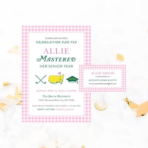 Faire-part de remise des diplômes des maîtres avec insert de carte de registre, golf, vichy rose, Let's Par-Tee, cadeau, modèle, modifiable, téléchargement numérique